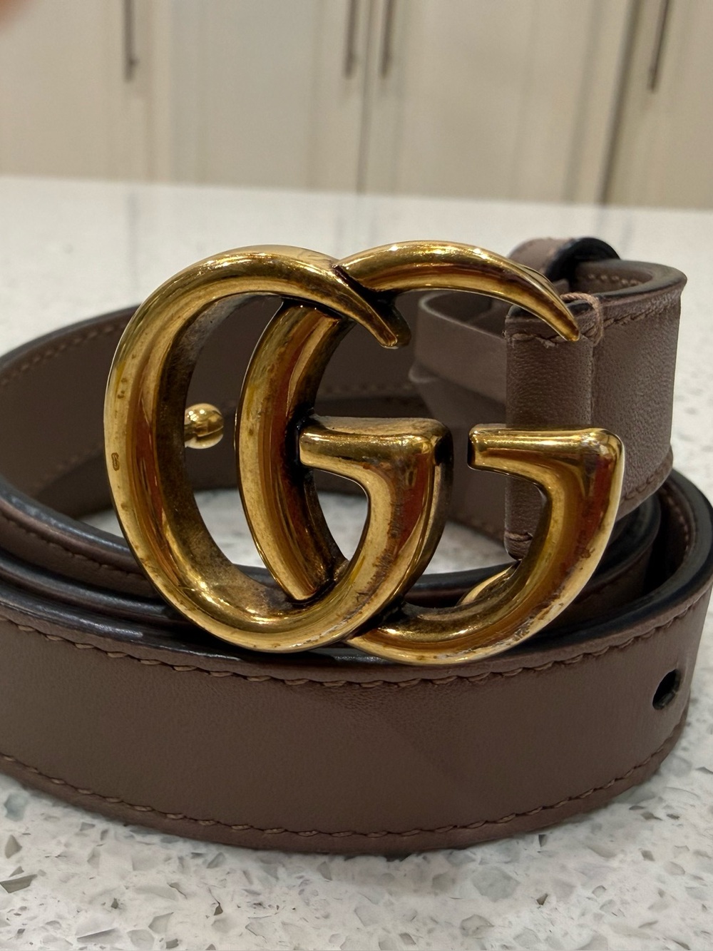 Gucci Taupe Leather Belt with Gold Double G Buckle